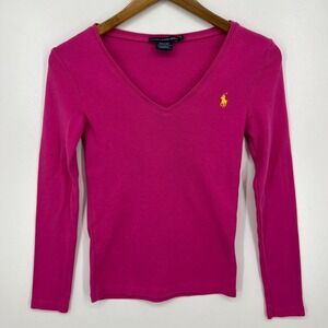 Ralph Lauren Sport Long Sleeve V Neck T-Shirt Women's S Purple Pony Logo Cotton‎